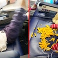 A kid making mess on an airplane