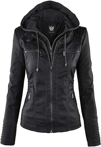 Lock and Love Women's Removable Hooded Faux Leather Moto Biker Jacket