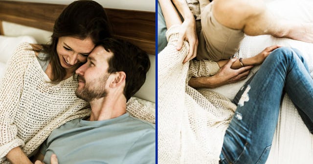 A two-part collage of a widow smiling next to her new boyfriend and them hugging on a bed