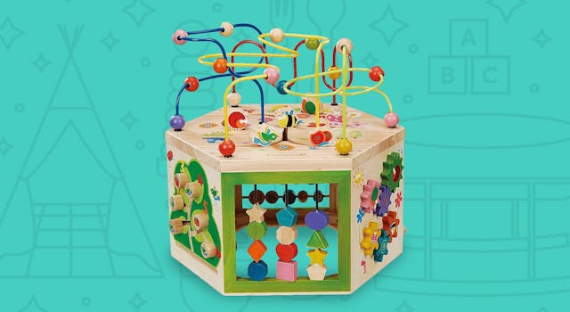 A colorful activity cube which will be interesting for a kiddo to play for hours