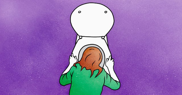 An illustration of a pregnant woman with brown hair feeling nauseous while throwing up in the toilet