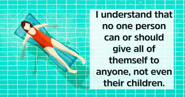 Putting Myself First Is Not Selfish: Woman in bathing suit laying on inflatable raft in swimming poo...