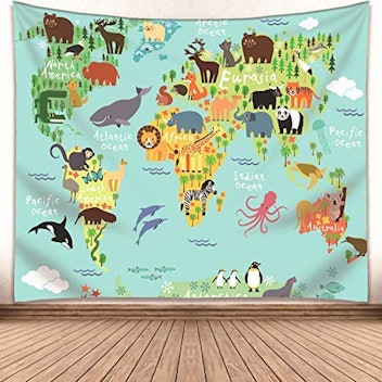 Kids Educational Animal Landmarks World Map Blue Tapestry