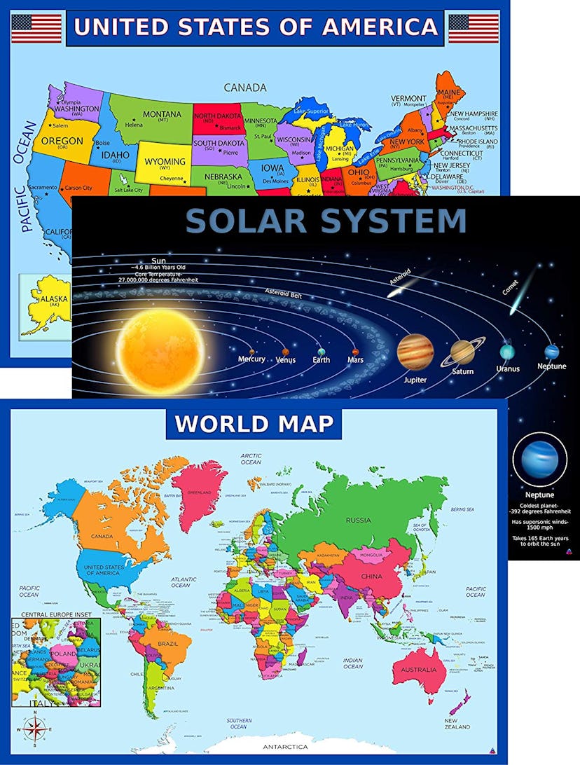 United States, World and Solar System Maps