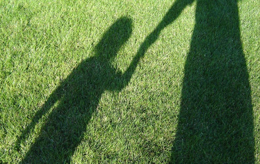 The silhouette of a child and their mother cast upon the grass.