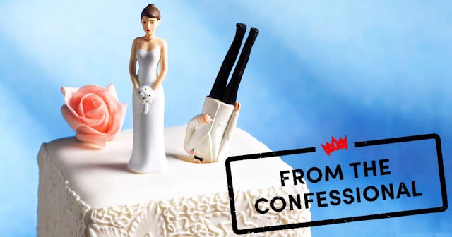 Bride and groom on top of wedding cake groom upside down
