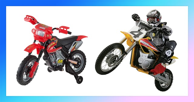 A red kids' beginner dirt bike and a Razor MX650 rocket electric bike on a white background