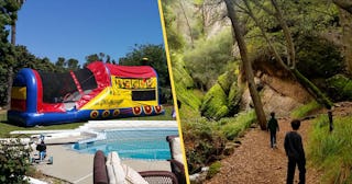 A two-part collage of a waterpark next to a pool, and two people walking in the woods