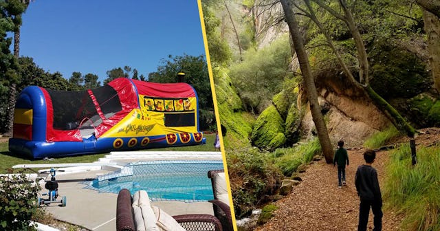 A two-part collage of a waterpark next to a pool, and two people walking in the woods