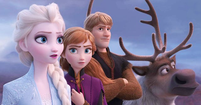 frozen 2 deleted scene: Elsa, Anna, Kristoff and Sven look off camera in a still from Frozen 2