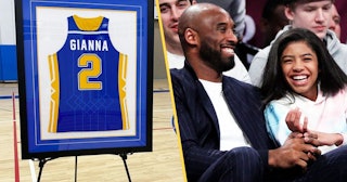 gianna bryant jersey retire: Kobe and Gianna Bryant smile at basketball game