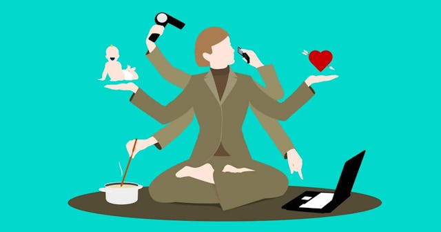 A woman multi-tasking