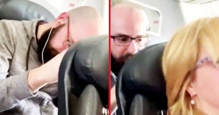 Man punching back of airplane seat