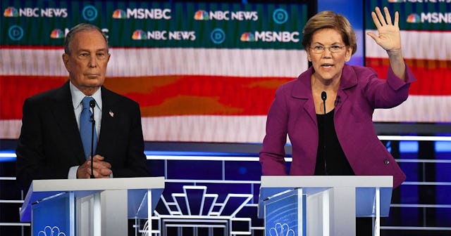 Former New York Mayor Mike Bloomberg and Massachusetts Senator Elizabeth Warren participate in the n...