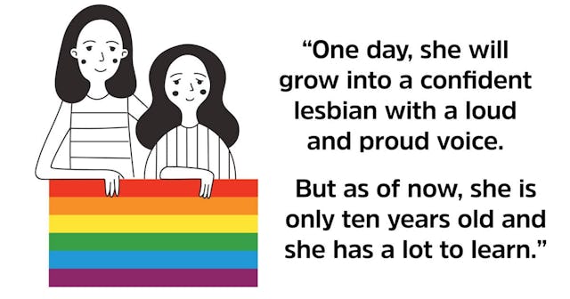 Illustration of two women holding a rainbow flag