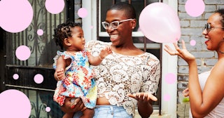 To The Single Mom Hosting The Birthday Party: woman holding daughter while friend holds pink balloon...