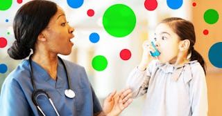 Female doctor assists young asthmatic patient