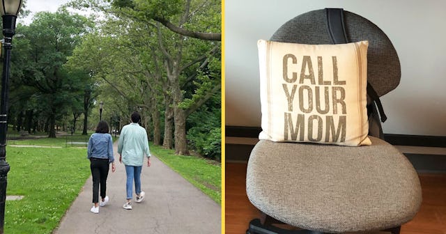 Mother and son walking at college