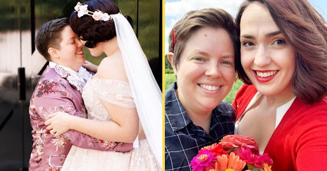 The Odds Are Against LGBT Couples: LGBT couple looking posing for camera at wedding