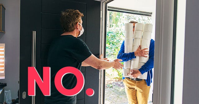 Man delivering huge pile of toilet rolls to customer in mask