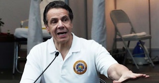 New York Governor Andrew Cuomo speaks to the press at the Jacob K. Javits Convention Center in New Y...