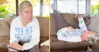 Ellen DeGeneres on couch on her phone