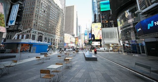 New Yorkâs famous Times Square is seen nearly empty due to coronavirus (Covid-19) pandemic on March ...