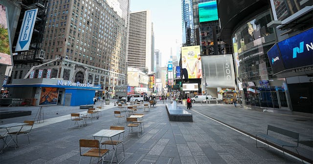 New Yorkâs famous Times Square is seen nearly empty due to coronavirus (Covid-19) pandemic on March ...
