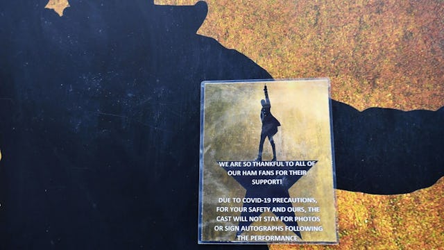 Signage on the stage door at Hamilton An American Musical on Broadway on March 12, 2020 in New York ...