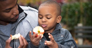 toddler and father eating apples in park