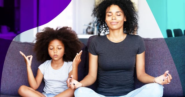 Mindful mom with kid daughter doing yoga together