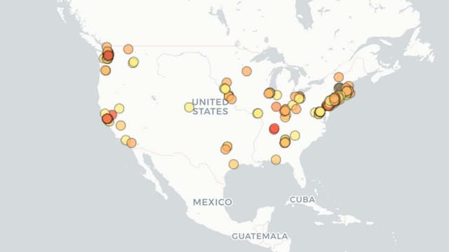 Map with dots showing schools closed due to coronavirus
