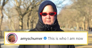 Amy Schumer with hood on and sunglasses
