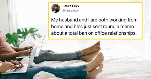 Legs of two women lying in bed at home using laptops