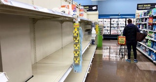 oilet paper shelves lay empty at a supermarket in Saugus, Massachusetts