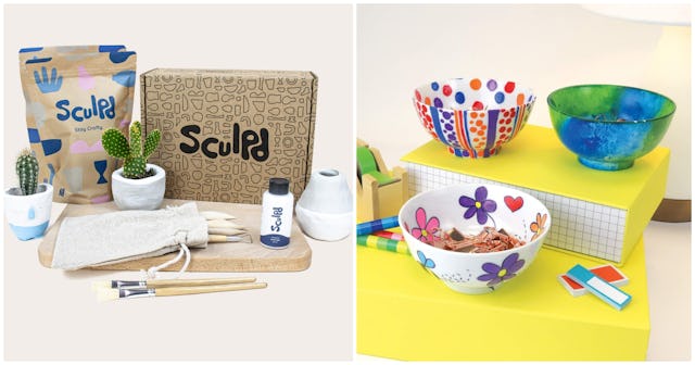 A sculpted pottery kit and own-painted porcelain bowls representing arts & crafts kits and ideas