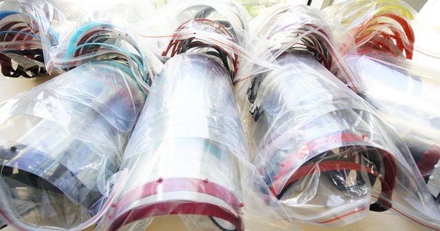 3D printed masks are seen packed for shipment at the Warsaw University department of physics in Wars...