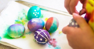 Nine Ways to Make A Quarantine Easter Fun: Hand dyed boiled eggs made by kids for Easter