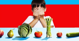 A row of different fruit and vegetables and a close-up portrait of little boy covering his eyes with...