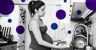 pregnant woman at home, washing glass in kitchen