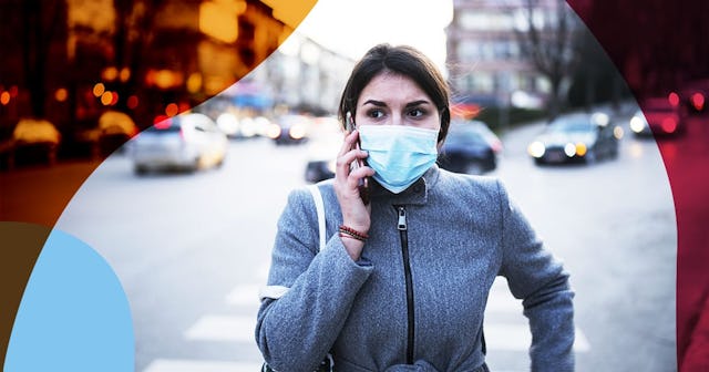 Woman with mask talking on the phone