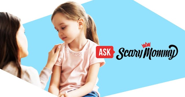 Loving mom talking to upset little child girl giving support