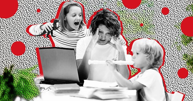Mother working from home with kids