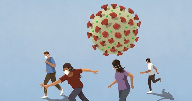 People in flu masks running from COVID-19