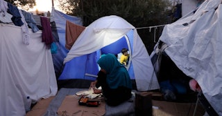 Life in a tent in the Moria Refugee camp in Lesbos, Greece