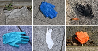 A combination of photographs created in London on March 27, 2020 shows disposable plastic gloves dis...