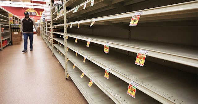 A section of empty shelves is seen during special shopping hours only open to seniors and the disabl...