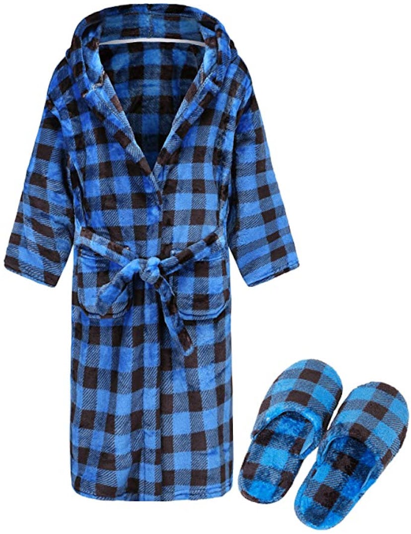 Kids Soft Plush Hooded Bathrobe & Matching Slippers