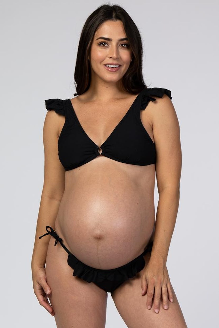 PinkBlush Maternity Black Ribbed Ruffle Trim Bikini Maternity Set