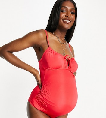 ASOS DESIGN Maternity Ruhed Tie Front Swimsuit
